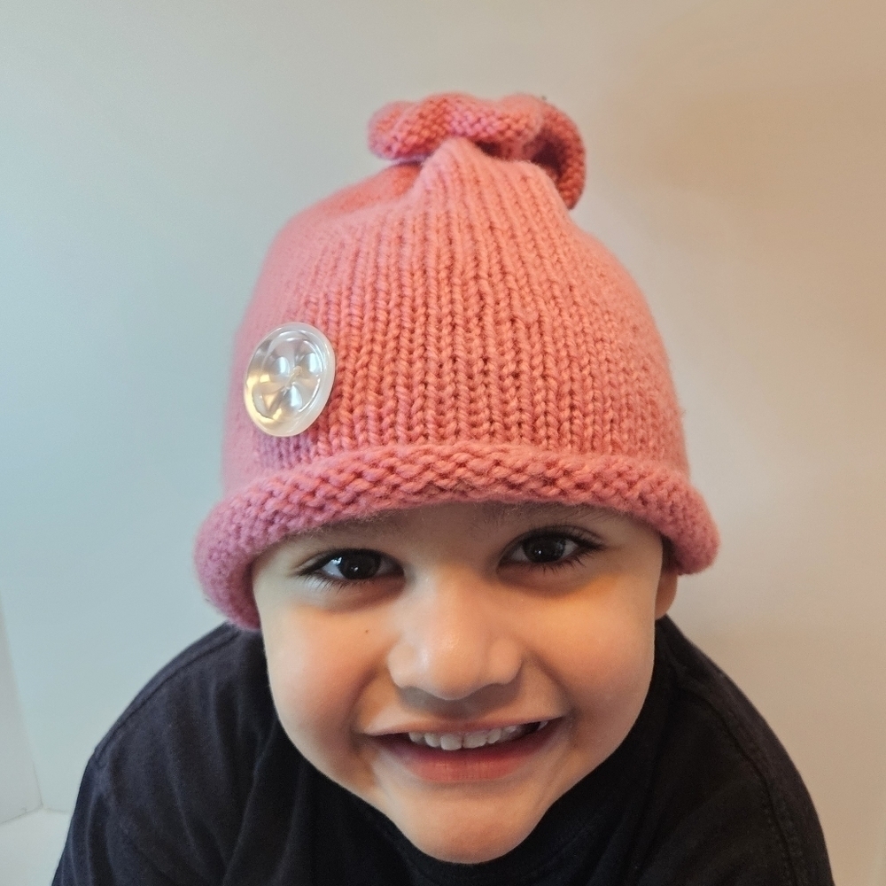 Hand Crafted Mauve Pink Hand knit Beanie Unisex Handmade crochet cap floral top